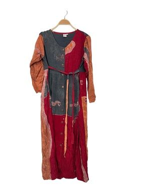 Bali Batiks Resortwear Bohemian Patchwork Long Sleeve Dress in Red and‎ Rust